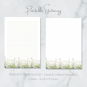 Papelaria Daisy Meadow para impressão, papel de carta floral, papel de carta para escrita, papel de carta para vida selvagem, download instantâneo, Cottagecore