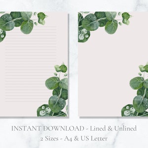 Papelaria para impressão de folhas de eucalipto, papel de aquarela, papel de carta botânico, papel de carta verde com folhas, tamanho A4, download instantâneo