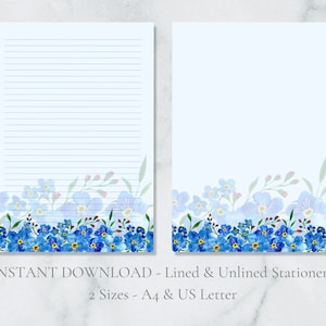 Papelería imprimible de Nomeolvides, papelería floral, papel botánico para escribir cartas, papel natural, tamaño A4, carta estadounidense, descarga instantánea