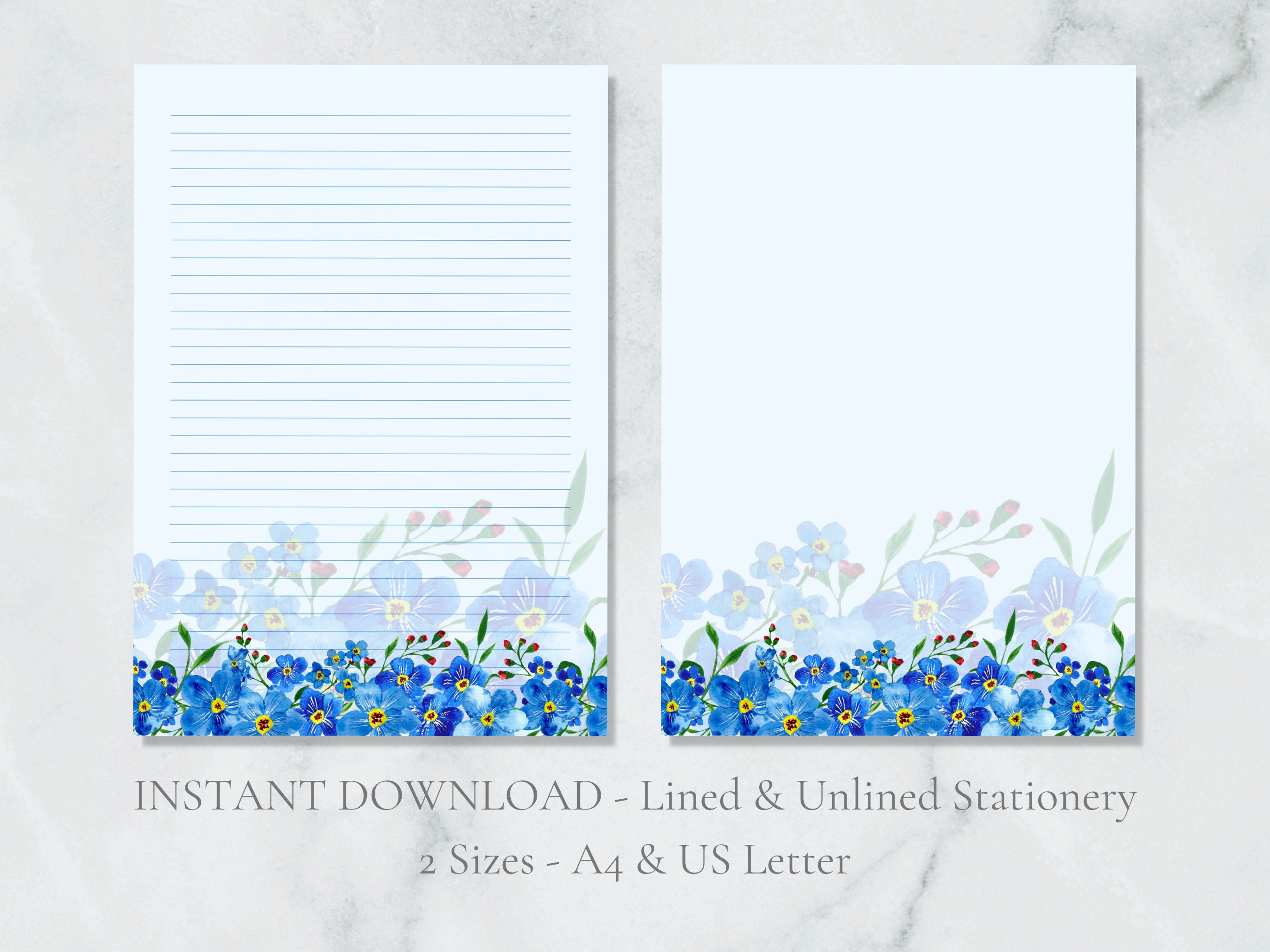 Forget Me Not’s Printable Stationery Floral Stationary Botanical Writing Paper Letter Writing Paper Nature  A4 US Letter Instant Download