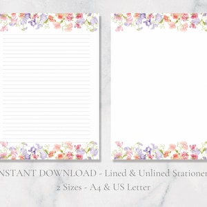Papelería imprimible con diseño de guisantes de olor, papel floral para escribir cartas, primavera y verano, tamaño A4, descarga instantánea, papelería de primavera, papelería floral
