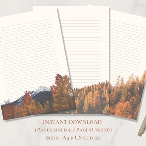 Herbst Bäume Berge druckbares Briefpapier - Briefpapier - A4 und US Letter - Liniert & Klar - Sofortiger Download PDF Schreibwaren