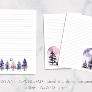 Alberi di pino invernali, carta da lettere stampabile, carta da lettere minimalista per feste, carta da lettere con scena invernale, formato A4, download istantaneo, Natale