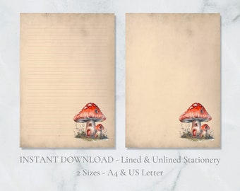 Vintage Toadstool House Printable Stationery Woodland Writing Paper Autumn Fall A4 US Letter Lined & Plain Instant Download PDF Fairy Magic