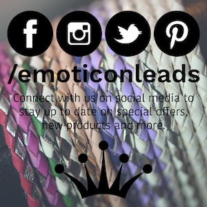May include: Black and white social media icons for Facebook, Instagram, Twitter, and Pinterest. The text /emoticonleads is displayed below the icons. The text "Connect with us on social media to stay up to date on special offers, new products and more." is displayed below the text /emoticonleads. A black crown is displayed at the bottom of the image.
