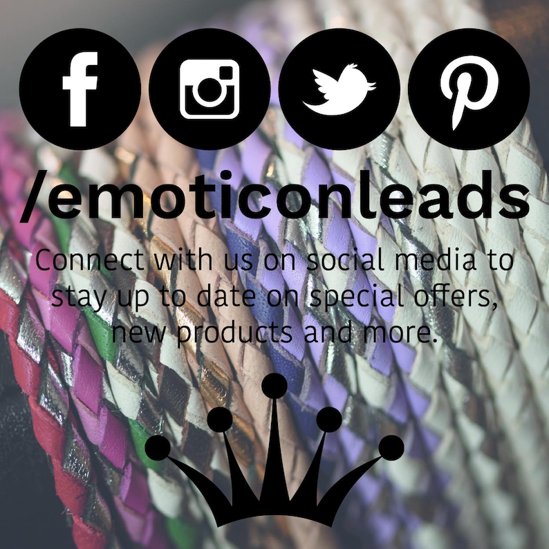 May include: Black and white social media icons for Facebook, Instagram, Twitter, and Pinterest. The text /emoticonleads is displayed below the icons. The text "Connect with us on social media to stay up to date on special offers, new products and more." is displayed below the text /emoticonleads. A black crown is displayed at the bottom of the image.