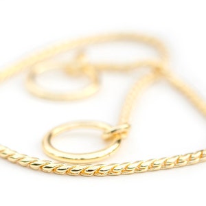 May include: A gold chain necklace with a twisted rope design. The chain has a small, round, gold clasp.