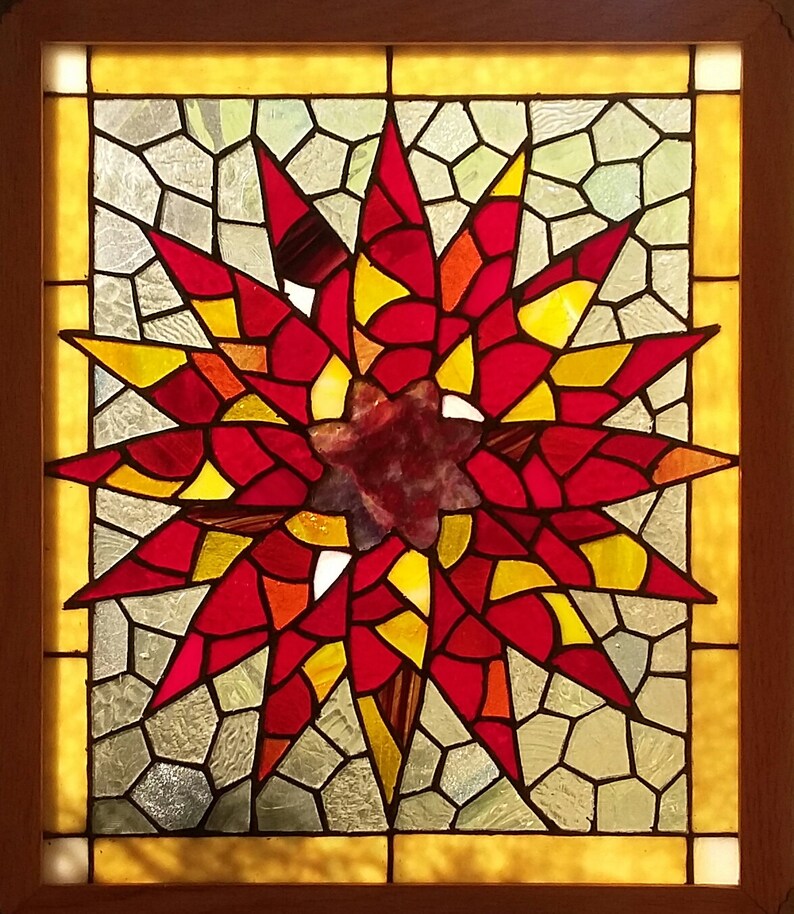 Sunburst Stained Glass Panel Framed in Oak With Decorative Etsy
