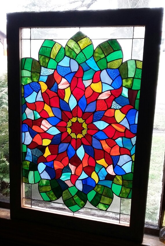 Neo Rose Window Large Stained Glass Panel Framed In Barn Image 0