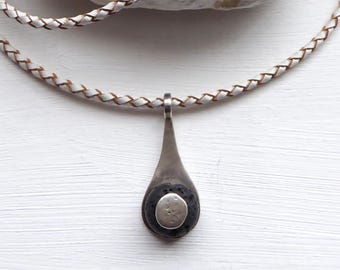 Black Lava Sterling Silver Teardrop Pendant, Braided Leather Cord