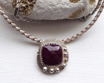 Handmade Eco Silver Ruby Pendant, White Leather Cord