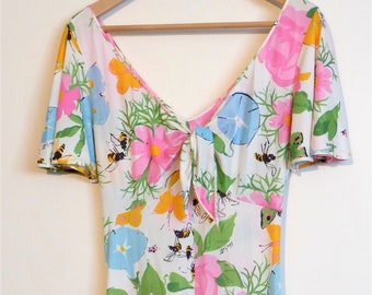 Ken Scott Vintage 70's Dress, Butterflies and Bees, Floral Pattern, Full Length, Nylon, Made in Italy. UK Size 10-12.