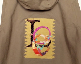 Khaki Beige Hooded Jacket with "Love" Gold Applique on Back, Size M, Unisex, Cotton, Eco Clothing, Upcycled