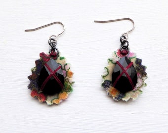 Handmade Dangle Earrings, Leaf Shaped, Black Pear Cut Glass Stones on Recycled Cloth, Unique, Upcycled