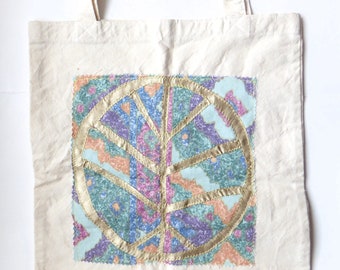 Handmade Tote Bag with Gold World Tree Rune Appliqué, Calico Cotton Fabric