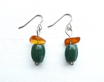 Handblown Green Glass Beads with Natural Amber Earrings on Sterling Silver Wire, Handcrafted, Recycled Vintage, Upcycled