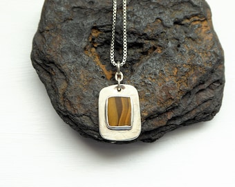 Tiger's Eye Silver Pendant Necklace With Sterling Silver Box Chain, Hammered Texture, Handmade
