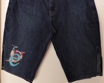 Bermuda Style Denim Shorts with Applique "Love", Customised Calvin Klein Jeans, Size Waist 32", Unisex, Upcycled