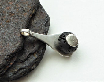 Black Lava Sterling Silver Pendant with Textured Silver Button Rivet, Teardrop Shape, Handmade, Hallmarked, Unique Design, One of a Kind