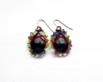 Leaf Shaped Earrings with Black Glass, Waxed Fabric, Silver Hooks.