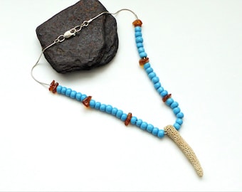 Beach Coral Necklace with Blue Ceramic Beads on Solid Silver Snake Chain, Handmade, Sustainable,