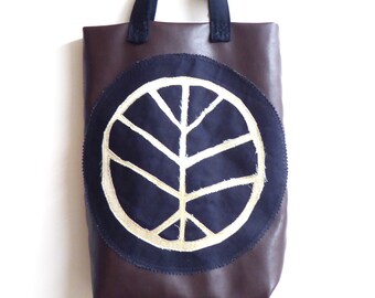 World Tree Rune Symbol, Brown Vinyl Tote Bag, Purple Lining, Handmade, Vegan, Recycled, Eco