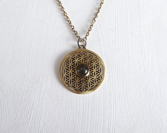 Brass Pendant and Chain, Labradorite Gemstone, Handmade, Upcycled