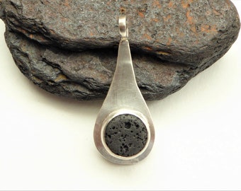 Black Lava Silver Pendant, Teardrop shape, Handmade