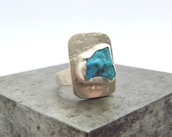 Turquoise and Silver Ring, Size L, Rustic Design, Raw Stone, Handmade, Hallmarked,