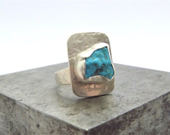 Turquoise and Silver Ring, Size L, Rustic Design, Raw Stone, Handmade, Hallmarked, Upcycled