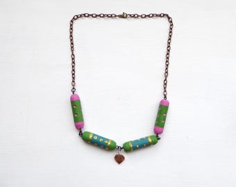 Wood Necklace with Copper Heart, Pink, Blue, Green, Gold Painted Wood Beads, Handmade,