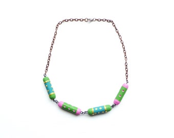 Wood Necklace, Pink, Blue, Green, Gold, Unique, DIY Theme, Painted and Varnished, Handmade, Upcycled