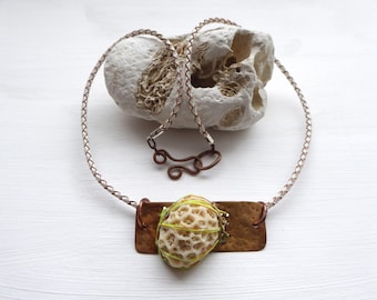 Handmade Beach Coral Pendant Necklace, Woven on Brass, Braided Leather