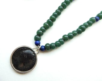 Ancient Roman Coin Necklace, Vintage Green Glass, Lapis, Sterling Silver Chain