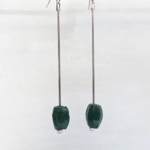 Dangle Earrings, Handblown Green Glass Beads on Sterling Silver Snake Chain, Handcrafted, Recycled Vintage, Upcycled