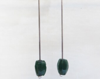 Dangle Earrings, Handblown Green Glass Beads on Sterling Silver Snake Chain, Handcrafted, Recycled Vintage,