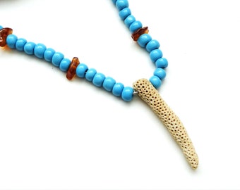 Beach Coral Necklace with Blue Ceramic Beads on Solid Silver Snake Chain, Handmade, Sustainable, Upcycled