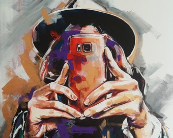 Original akrylmålning färgglad - Selfie this! - 61 x 61 cm - Porträttkonst - Unik konst handmålad duk kvadratisk