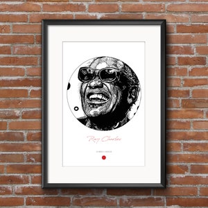 Ray Charles Drawing, Singer face drawing, Wall Art Print Poster, drawing, musicians style - BLACK and WHITE Ray Charles