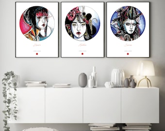 Set med 3 väggkonsttryck, poster, väggkonst 3 paneler, kvinnlig fantasiteckning, kvinnligt porträtt, japansk stil - FÄRGGLAGA Fantasy Women