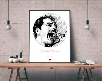 Freddie Mercury Drawing, Singer face drawing, Wall Art Print Poster, drawing, QUEEN, musicians style - BLACK and WHITE Freddie Mercury