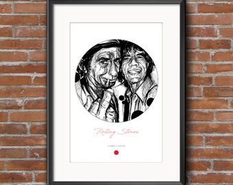 Rolling Stones-teckning, sångareansiktsteckning, väggkonst-affisch, Mick Jagger, Keith Richards, musiker SVARTVITT Rolling Stones