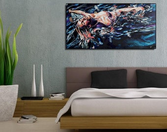 Original akrylmålning erotisk konst - sjöjungfrun - 135 x 61 cm - kvinnlig nakenkonst - unik konst handmålad duk horisontell