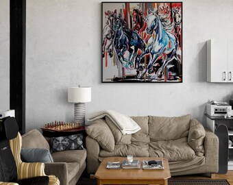 Original akryldiptykmålning i två delar - FREEDOM 55,1 x 55,1 tum - Djur- och hästkonst - Unik handmålad konst på duk
