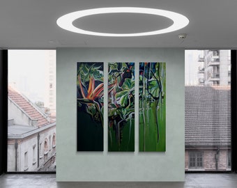 Original akryltriptykmålning i tre delar - INRE SJÄLVET 59,1 x 53,2 tum - Abstrakt blomsterkonst - Unik handmålad konst på duk