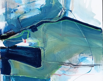 Original akrylmålning mestadels blå färg - Lake I. - 46 x 61 cm - Abstrakt konst - Unik konst handmålad duk vertikalt