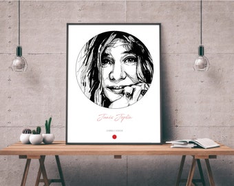 Janis Joplin-teckning, sångerskans ansikteteckning, väggkonsttryck affisch, Janis Joplin, musiker SVARTVITT Janis Joplin