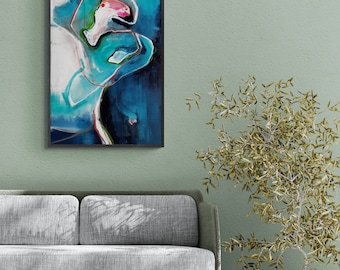 Original akrylmålning blå färg - Sjöhästens dualitet. - 61 x 102 cm - Abstrakt konst - Unik konst handmålad duk vertikalt