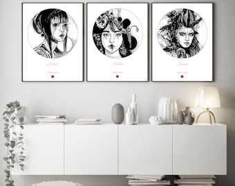 Set med 3 väggkonsttryck, poster, väggkonst 3 paneler, kvinnlig fantasiteckning, kvinnligt porträtt, japansk stil - SVARTVITA fantasikvinnor