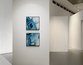 Original akryldiptykmålning mestadels blå färg - LANDSKAP I. II. - 46 x 91 cm - Abstrakt konst - Unik handmålad konst på duk